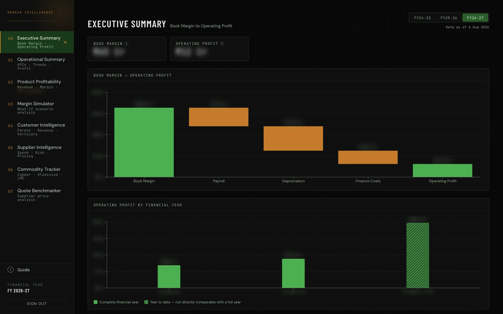 Margin dashboard — executive summary, figures blurred