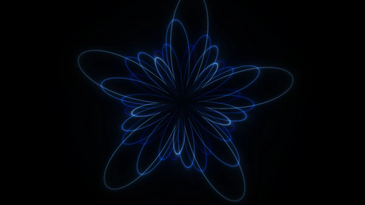 The curves scene — a blue rose of looping petal curves glowing on black