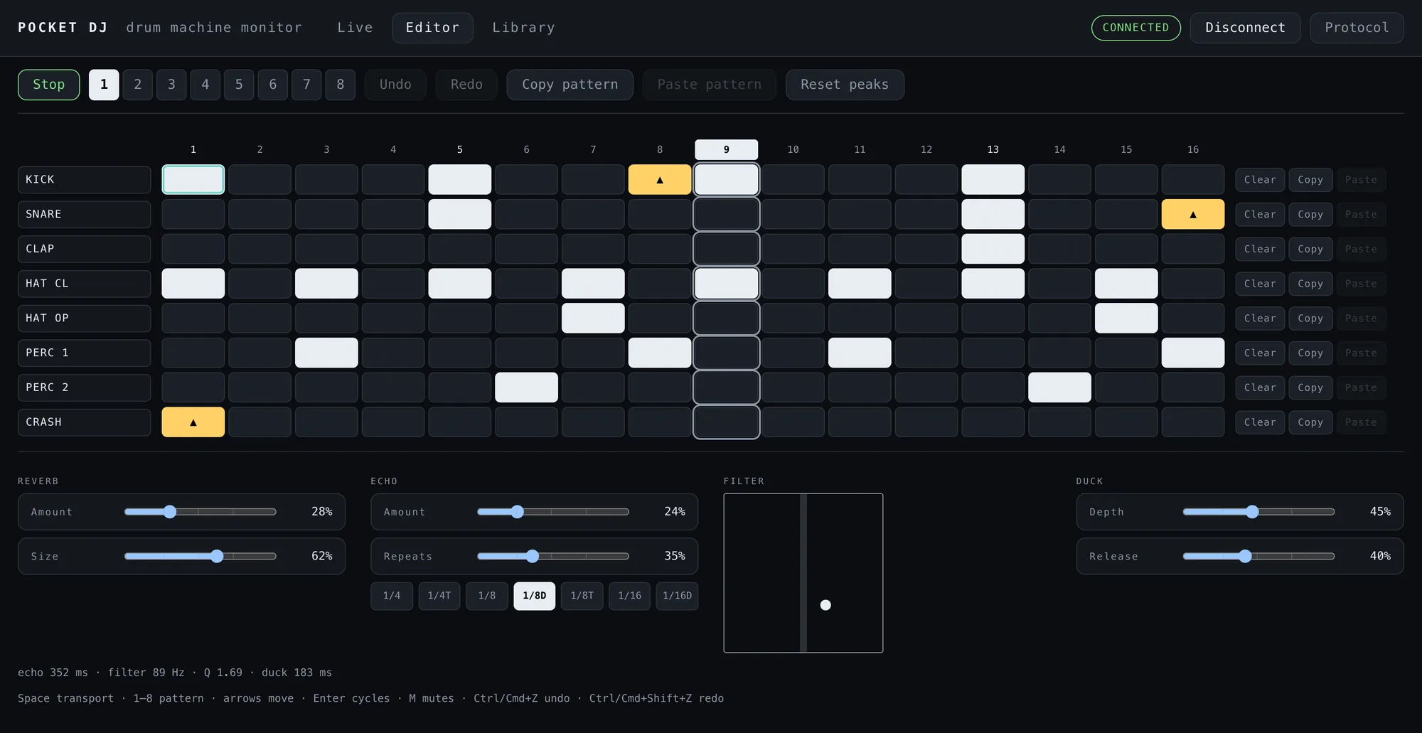 The laptop pattern editor — eight tracks by sixteen steps, pattern selector, copy and paste, undo and redo, with the reverb, echo, filter and duck panel below
