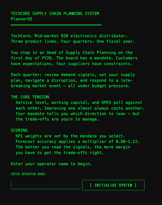 PlannerOS — in-game HUD with KPI meters