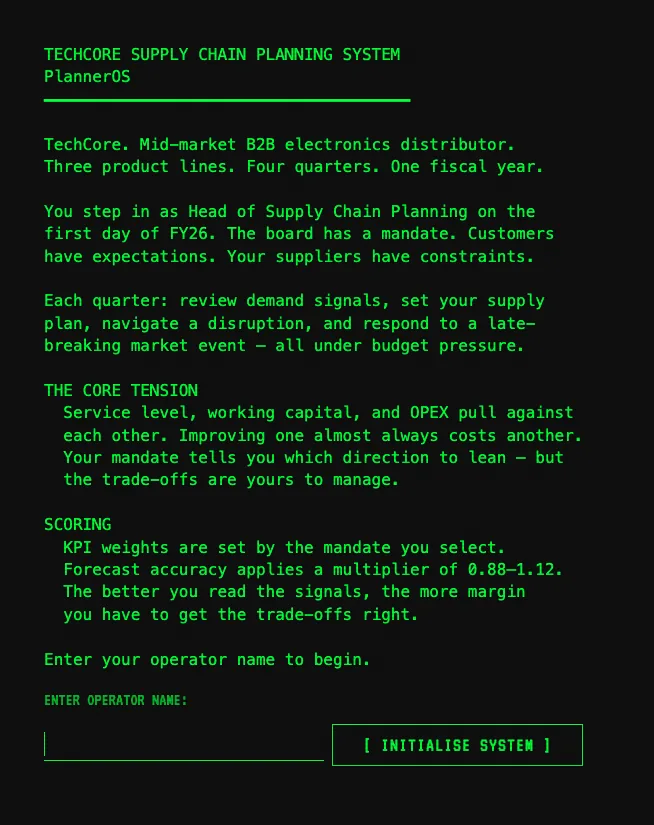 PlannerOS — in-game HUD with KPI meters